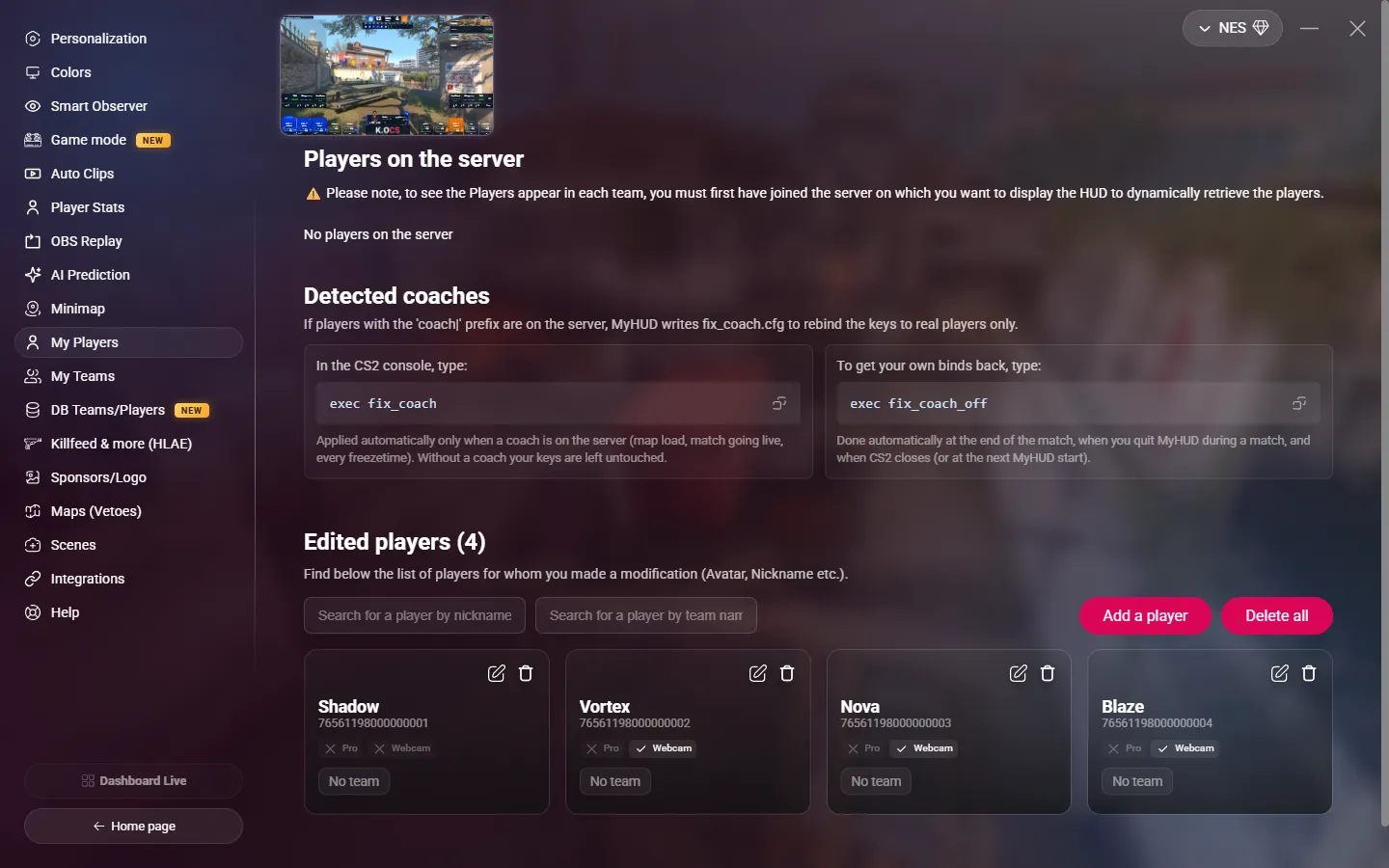 The My Players page