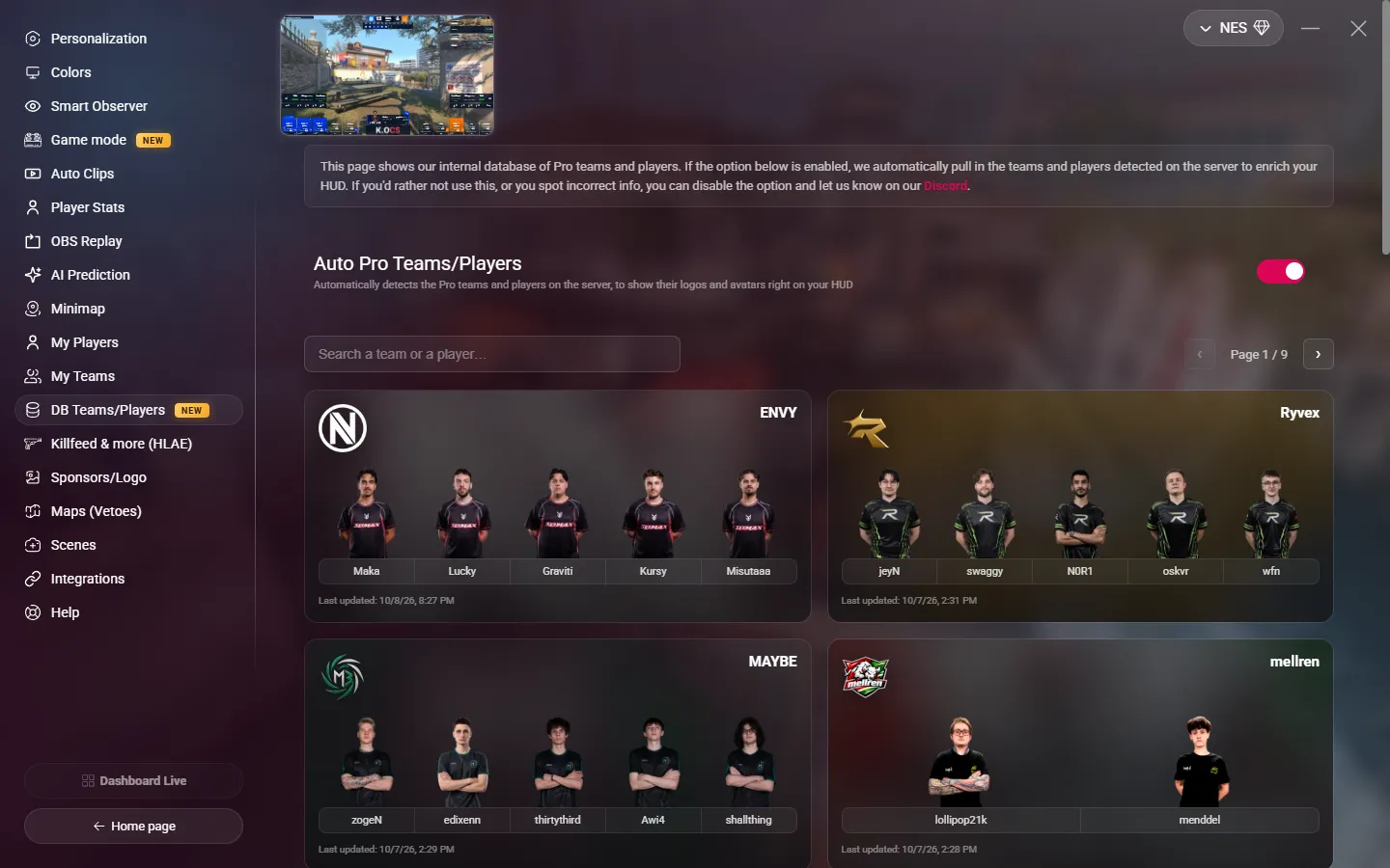 The DB Teams/Players page
