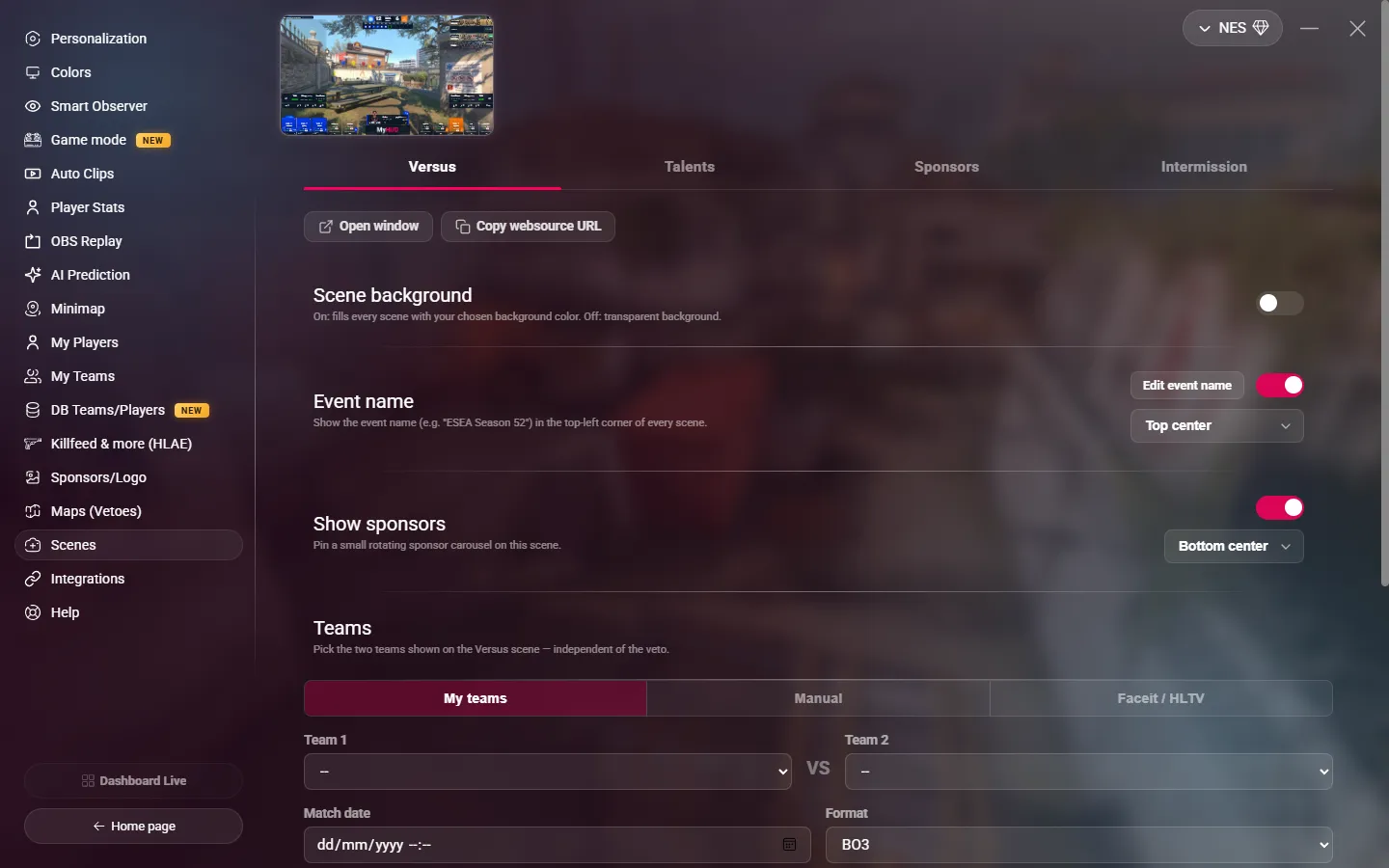The Scenes page