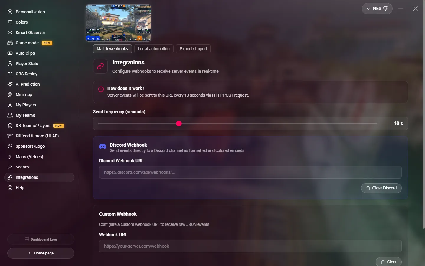 The Match webhooks tab
