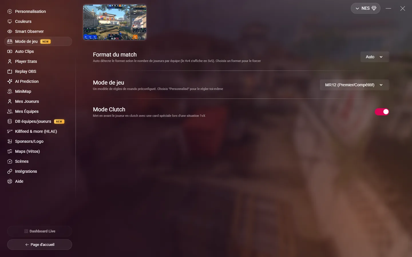 La page Mode de jeu