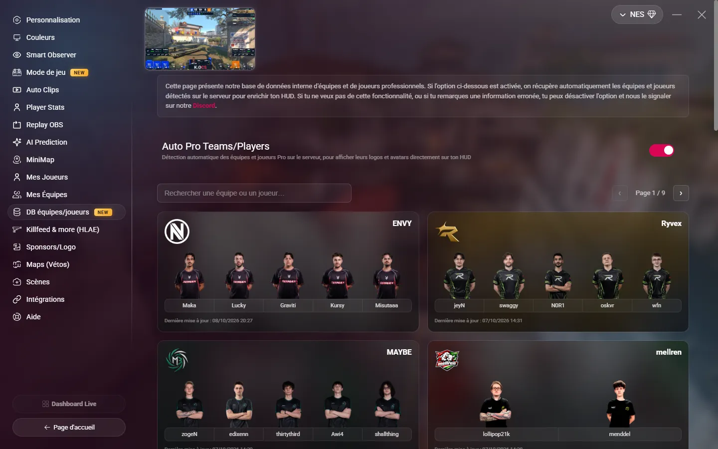 La page DB équipes/joueurs